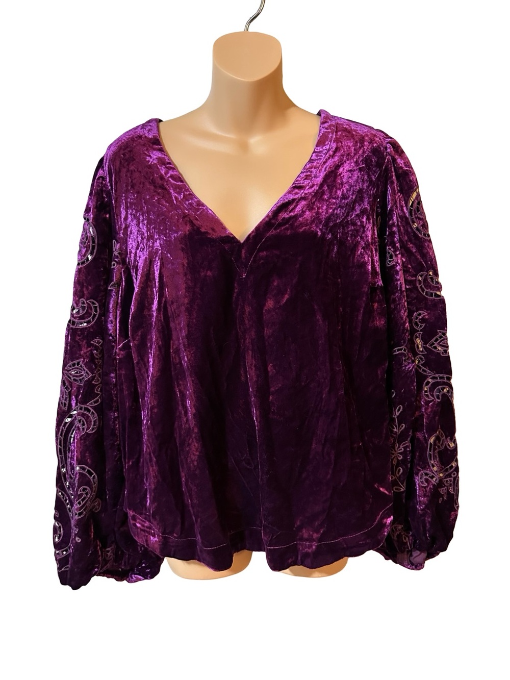 Anthropologie Plus 1X Plum Crushed Velvet Embroidered V-Neck Blouse Whimsigoth